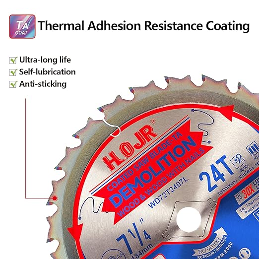Demolition Circular Saw Blade Woodworking TA Series, 7-1/4" 24 Tooth 5/8" Arbor, Demolition/Frame, Special Anti-Thermal Adhesion Coating on Cutting Head -TA, DEM 7-1/4" 24T-TA