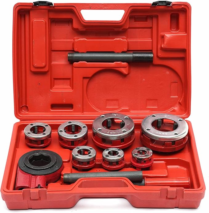 Manual Ratcheting Pipe Threader Kit BSTP Portable Pipe Threader Handheld Ratchet Pipe Threading Set with 7 Dies Set 3/8", 1/2", 3/4", 1", 1-1/4", 1-1/2", 2" for Standard Galvanized Pipe or PP-R Pipe