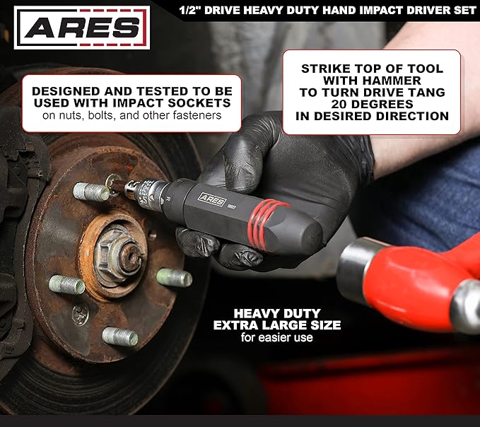ARES 10027 ??1/2-Inch Drive Heavy Duty Hex Grip Impact Driver ??1/4-Inch & 5/16-Inch Bit Chucks ??S2 Bits ??Slotted 3/16, 1/4, 5/16, 3/8 Inch Bits ??Phillips PH1, PH2, & PH3 Bits - T20, T25 Bits