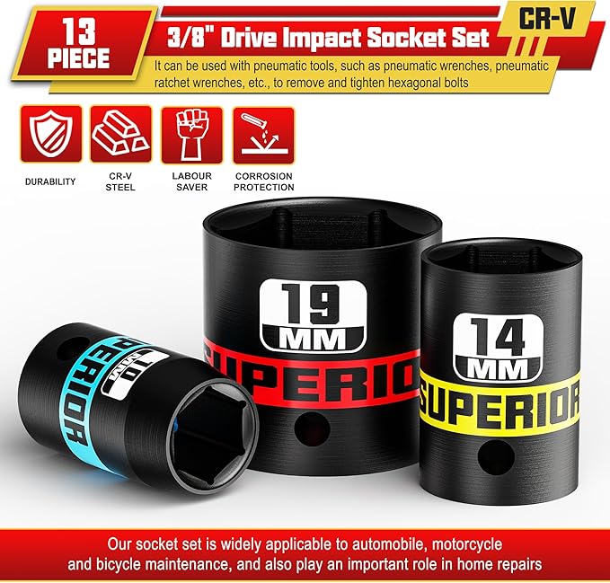 13 Piece 3/8" Drive Impact Socket Set, 7 mm-19 mm Shallow Socket, Metric, 6 Point, CR-V, Automotive Motorcycle and Bicycle Maintenance, Machinery Manufacturing