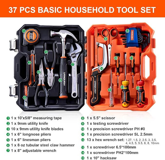 Vanquish 37-Pieces Tool Set for Home,Basic Essential Small Tool Kit Box for Apartment, Dorm, and Household with Blow Molded Storage Case (8001)