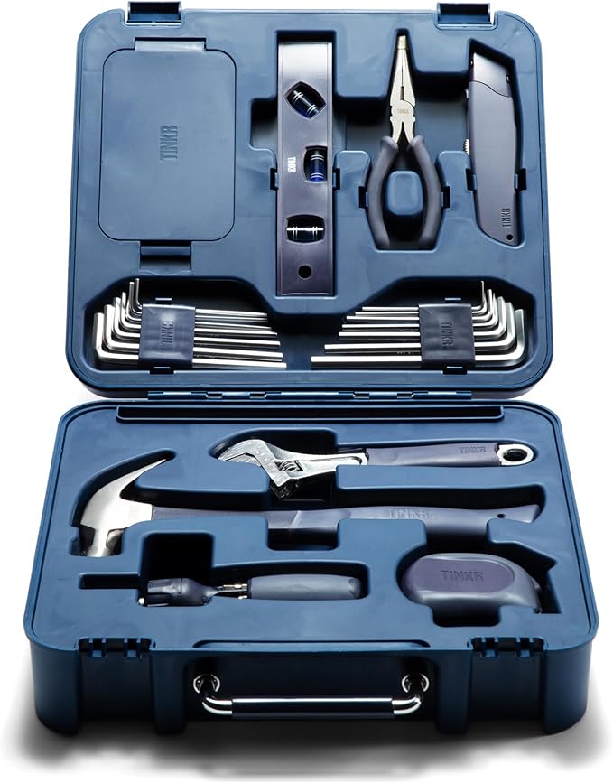 TINKR Modern Tool Box Workstation ??Full Tool Set with Hammer, Ratchet Screwdriver, Allen Keys, Wrench, Knife, Tape Measure, Level, Pliers & Phone Holder