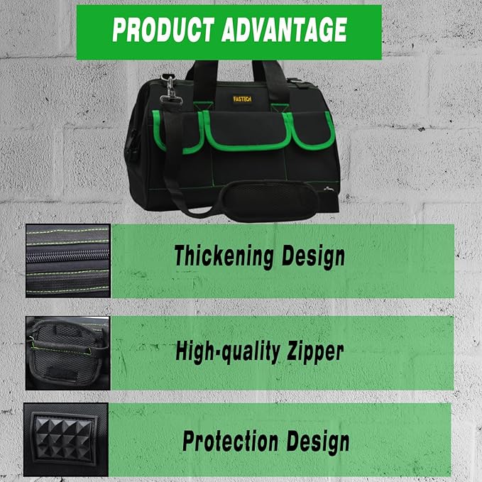 FASTECH 20 Inch Tool Bag With Comfortable Shoulder Straps, Waterproof Wide Mouth Tool Kit, Large Tool Bag Tool Storage Package For Men/Women (20IN Green)
