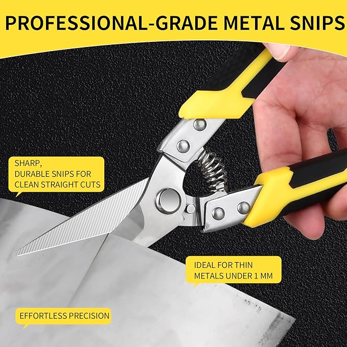 Tin Snips, Heavy Duty 8.5 Inch Straight Cut Snips with Sharp Chrome Vanadium Steel Blade, Aviation Metal Shears for Sheet Metal, Aluminum, Cardboard, and Cable