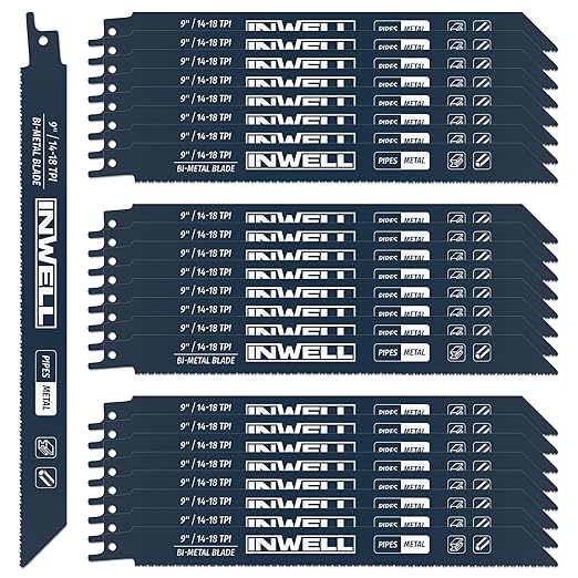 9 Inch Reciprocating Saw Blades, 14/18 TPI Bi-Metal for Metal Cutting, 25-Pack Durable Reciprocating Blades