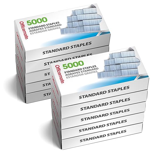 Officemate Standard Staples, 10 Boxes of 5,000 (50,000 Total), 1/4??Full-Strip General Purpose Staples, Fits Standard Desktop and Office Staplers, 20-Sheet Capacity