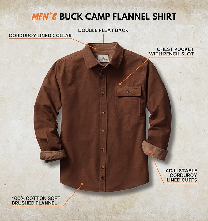 Legendary Whitetails Men's Flannel Shirt Long Sleeve Button Down 100% Cotton