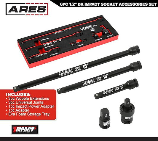 ARES 27073-6-Piece 1/2-Inch Drive Impact Socket Accessories Set ??Premium Chrome Moly Steel Universal Joint, Adapters, and Wobble Extensions ??Laser Engraved Size Markings
