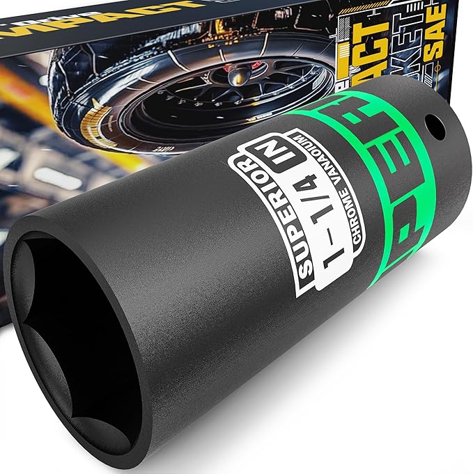 1/2" Drive Impact Socket, 1-1/4 inch Deep Socket, SAE, 6 Point, CR-V, for Car Repair, Loosen the Fastening Nut