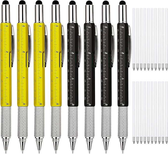Zhanmai 8 Pcs Gift Pen for Men 6 in 1 Multitool Pen with Ruler Level Refills Screwdriver Stylus Christmas Stocking Stuffers Gift for Men Dad Husband Adults Birthday Present(Black, Yellow)