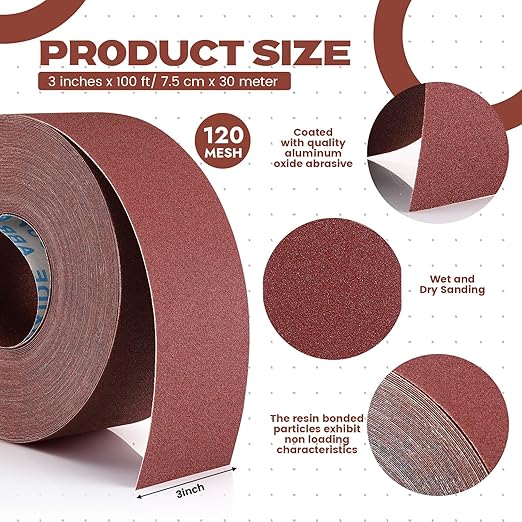 120 Grit Sandpaper Roll 3''x100 ft Long Emery Cloth Sand Paper Roll Aluminum Oxide Abrasive Sanding Belt for Drum Sander Sandpaper Continuous Wood Furniture Wet and Dry Sanding