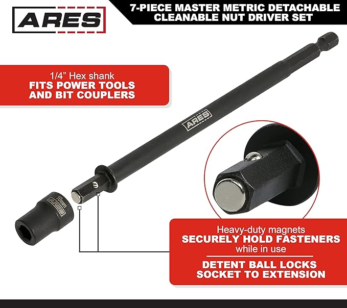 ARES 27087 ??Nut Driver Set ??Metric Magnetic 7-Piece ??Detachable and Cleanable ??Radial 6 Point Drive Sockets Load on Flats - Removable Socket Ends for Easy Cleaning ??Heavy Duty CR-V Steel
