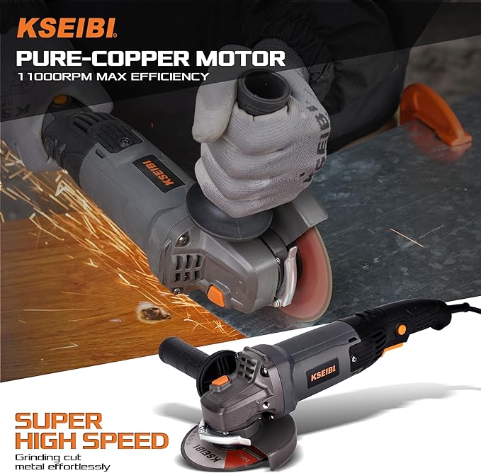 KSEIBI 711943K Angle Grinder Tool - 4 1/2 inch, 950W, 8Amps, 11000RPM, Corded Power Tools Long Handle with 7/8" Arbor Grinding and Cutting Wheels, Flap Disc, Quick Adjustable Guard, and Storage Bag