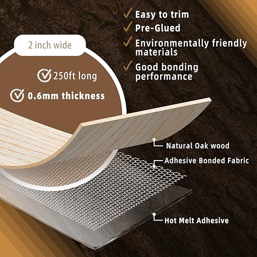 GSCIT Club Oak Edge Banding, 2 inch x 250ft roll of Veneer Edge Banding - Pre-glued Flexible, Real Wood Tape for Cabinet Repair & Furniture Restoration