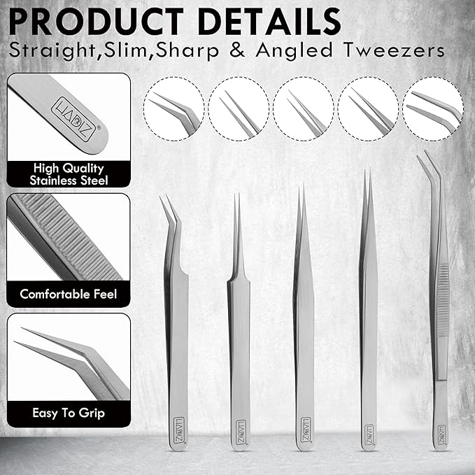 5 PCS Precision Tweezers set Upgraded Anti-Static Stainless Steel Heat Resistant, Curved, Jewelry, Electronics, Craft, Soldering, Experimental Work (5)
