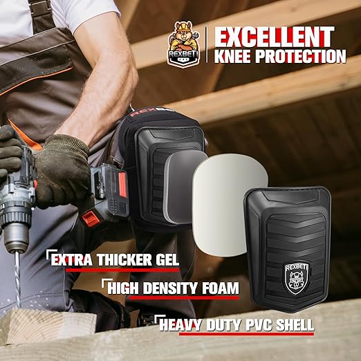 REXBETI New Upgraded Knee Pads for Work, Construction Knee Pads for Men, Heavy Duty Comfortable Anti-Slip Foam Gel Knee Pads for Gardening Flooring and Cleaning, Extra 4 Extension Straps, Black