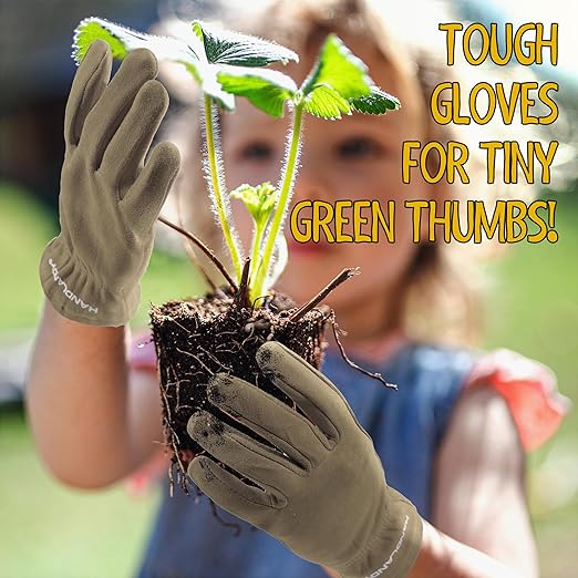 HANDLANDY Kids Genuine Leather Work Gloves for ages 3-11, Children Gardening Gloves for Boys, Girls (Medium (for age5-7), 2 pairs)