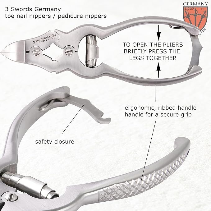 3 Swords Germany ??Big Toe Nail NIPPERS - Extra Strong Toe Nail NIPPERS for Cutting Strong, Thick or ingrown Toe Nails - Stainless Steel Pedicure Tool with Synthetic Leather case