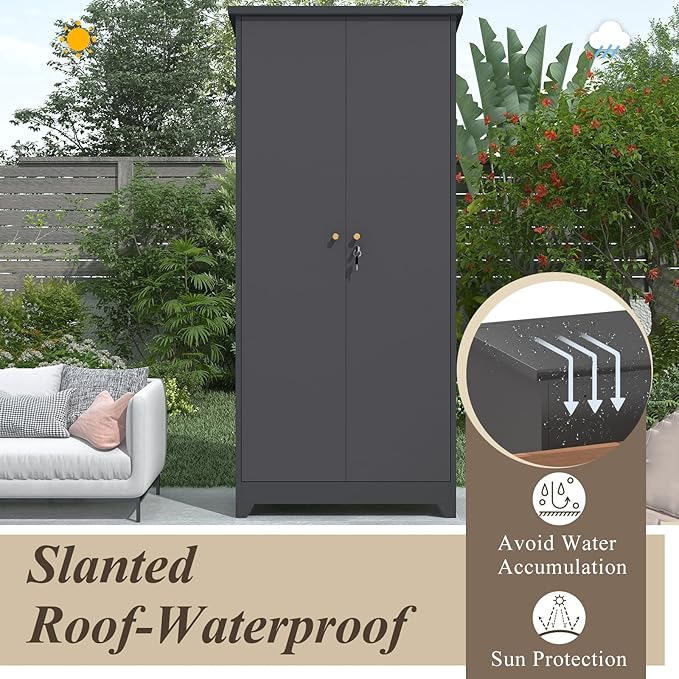 GREATMEET 72.8" Outdoor Broom Storage Cabinet, Waterproof Outdoor Narrow Storage Shed, Metal Storage Cabinets for Cleaning Supplies with Slanted Roof, Utility Closet, Broom Mop Storage Cabinet, Grey