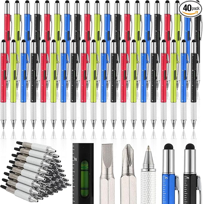 Yeaqee 40 Pcs Stocking Stuffers Bulk Gifts for Men 6 in 1 Party Favor Father's Christmas White Elephant Gifts Multi Tool Pens with Ruler, Level Gauge for Adult (Vivid Color)
