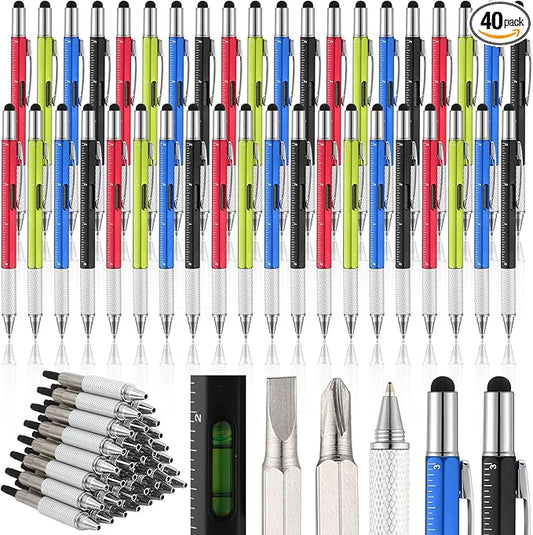 Yeaqee 40 Pcs Stocking Stuffers Bulk Gifts for Men 6 in 1 Party Favor Father's Christmas White Elephant Gifts Multi Tool Pens with Ruler, Level Gauge for Adult (Vivid Color)