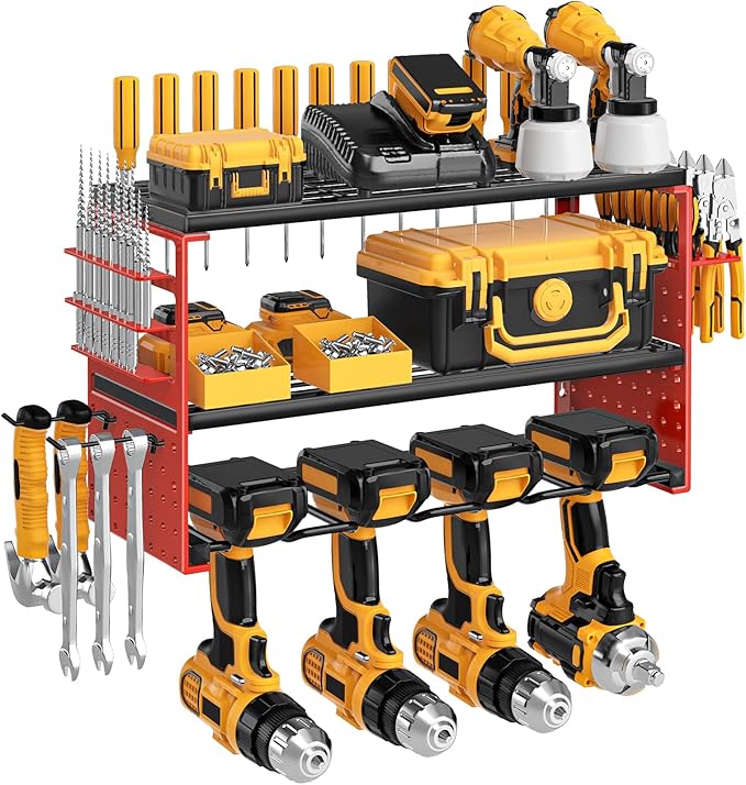 Power Tool Organizer Wall Mount, Heavy Duty 150Lbs Load Capacity with 4 Drill Holders,3 Layer Utility Shelf for Garage Storage and Workshop Organization(Red)