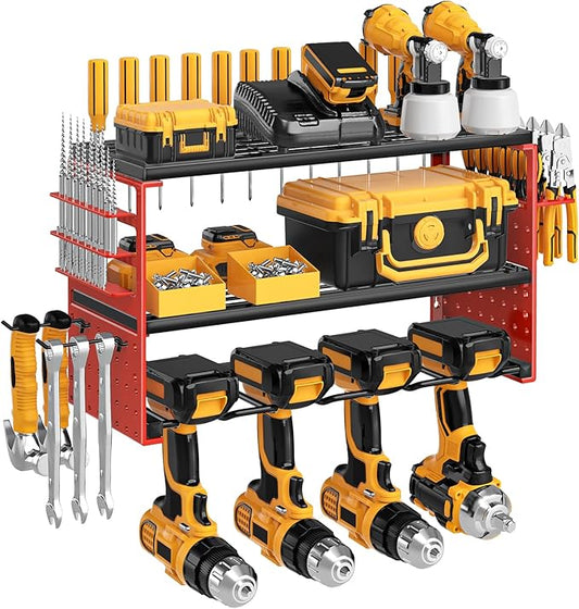 Power Tool Organizer Wall Mount, Heavy Duty 150Lbs Load Capacity with 4 Drill Holders,3 Layer Utility Shelf for Garage Storage and Workshop Organization(Red)
