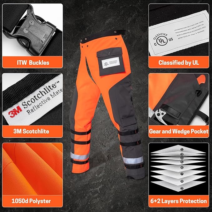 Chainsaw Chaps by UL Class A 8 Layers Technical Wrap Chainsaw Pants for Men Chainsaw Apron Orange Black