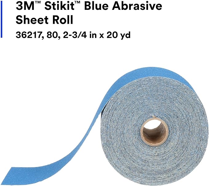 3M Stikit Blue Abrasive Sheet Roll, 36217, No Hole, 2.75 in x 20 yd, 80+ Grade, Automotive Sanding Roll Sandpaper for Coating Removal, Body Repair, Auto Sanding