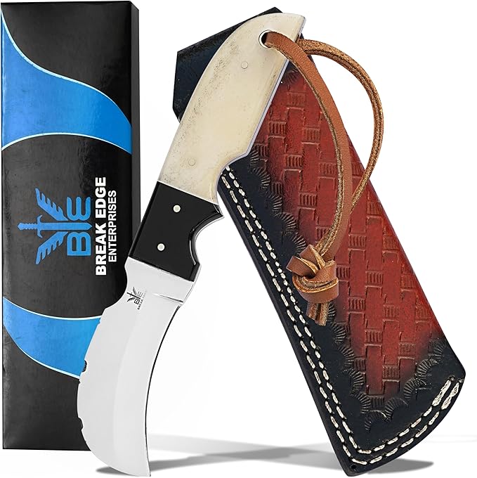 Handmade Stainless Steel Lineman’s Hawkbill knife with Leather sheath, Heavy Duty Utility Knife blade Electrician Wire Skinning knife for professional. (Camel & Black)