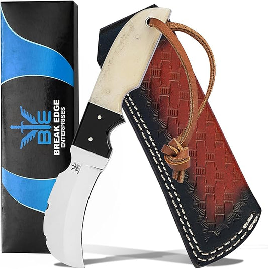 Handmade Stainless Steel Lineman’s Hawkbill knife with Leather sheath, Heavy Duty Utility Knife blade Electrician Wire Skinning knife for professional. (Camel & Black)