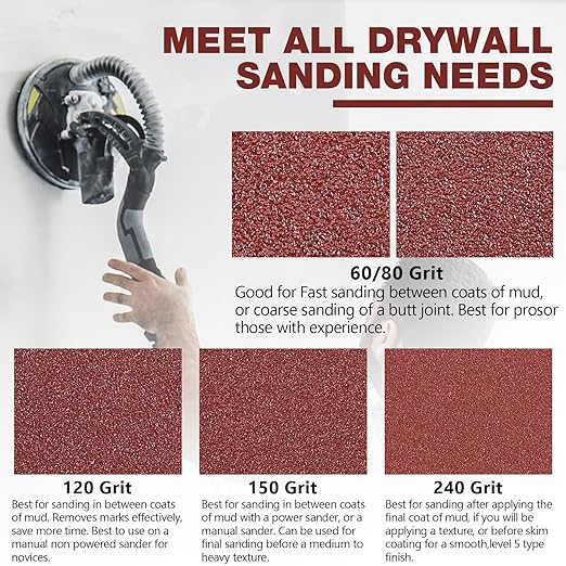 50 Pack 9-Inch 10-Hole Hook-and-Loop Sanding Disc, 240 Grit Aluminum Oxide Drywall Sandpaper for ??" Drywall Sander Pads, Finishing Ceiling Wood Floor