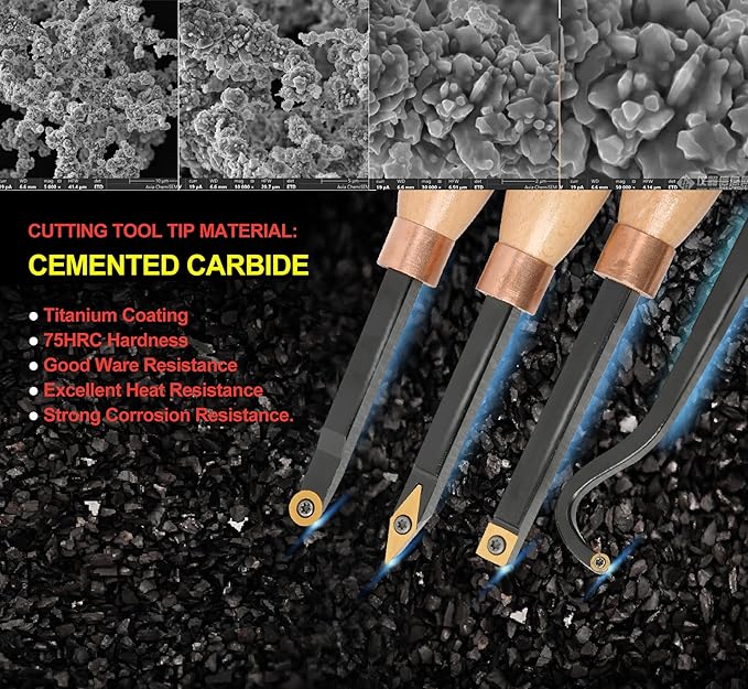 13.5" 4 PCS Carbide Wood Lathe Turning Tool Set, Pen Turning tool, Including Swan Neck Hollower, Rougher, Finisher, Detailer, Titanium Coated Carbide Blades 2X Service Life, Beech Wood Handle