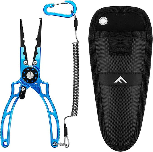 FLISSA 8 Inch Fishing Pliers, Safety Lock Design Fish Pliers Saltwater, Corrosion Resistant Aluminum Hook Remover with Braid Cutters, Sheath and Lanyard, Fishing Tool Gifts for Men