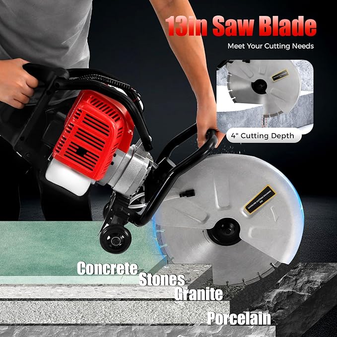 52CC Concrete Cutter Saw, 2-Stroke Gas Powered Disc Cutter/Circular Saw with 13in Blade, Dry & Wet Concrete Cutting Tool for Stone & Masonry Projects, 1.4KW/6500RPM