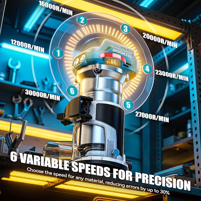 Cordless Compact Router Compatible with Makita 18V Battery, With 15Pcs Router Bits 6 Variable Speeds for Woodworking, 800W 30000 RPM Fixed Base Wood Router With Trim Bits