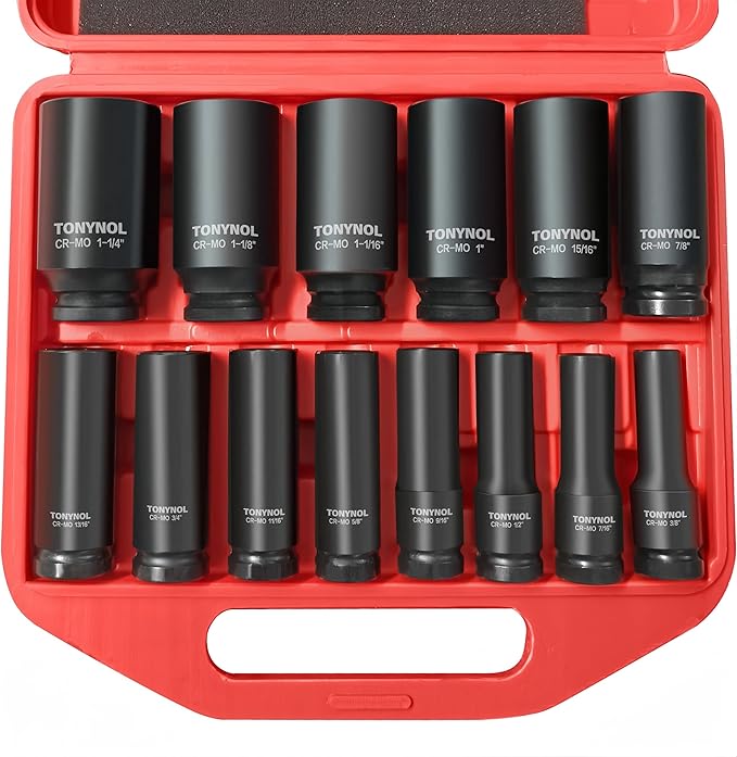1/2 Inch Deep Drive Impact Socket Set,6-Point,SAE(3/8" to 1-1/4"),14 Pcs,Cr-Mo Steel,With a Storage Case