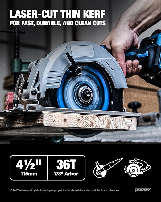 CRALY 4-1/2 Inch 36 Teeth Fine Finish Wood Cutting Circular Saw Blade, 7/8 Inch Arbor, Carbide Tipped, Thin Kerf, Black Ice™ Coating, for Plywood, MDF, OSB, Laminated, 2-Pack(C0436FF-2E)