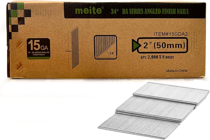 meite 15 Gauge Finish Nails 2-Inch 34 Degree Angled Galvanized Finishing Nails for Electric or Pneumatic Nailer Gun - No-Rust DA Nail for Cabinet Building Window Trim Fine Woodworking, 16,000PCS