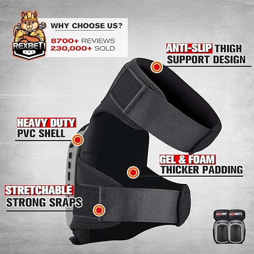 REXBETI Knee Pads for Work, Construction Knee Pads for Men, Heavy Duty Comfortable Anti-slip Foam Gel for Gardening Flooring and Cleaning, Strong Stretchable Straps, Gray