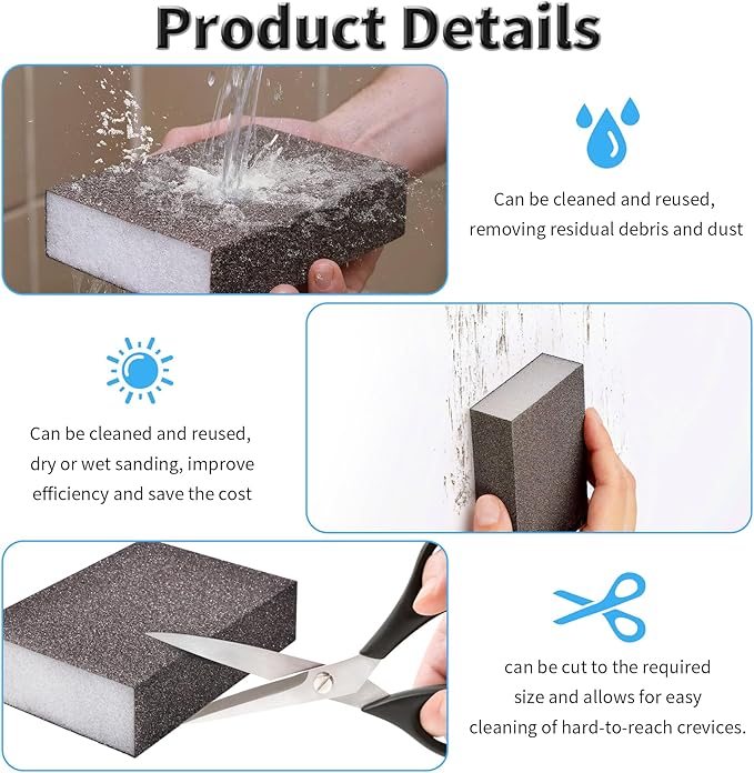 6 Pcs Sanding Sponge 240-320 Grits Fine Wet Dry Sandpaper Sponges Washable & Reusable Sanding Blocks Four Sided Abrasive Sponge for Wood, Metal, Drywall & Furniture Polishing Gray