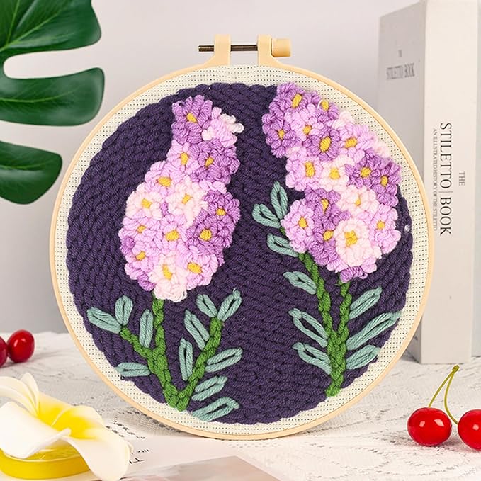 Woohome Punch Needle Kit Included Plastic Hoops, Punch Needle Cloth, Color Yarn and Punch Needle Tools for Adults, Beginners (White and Purple Flowers)