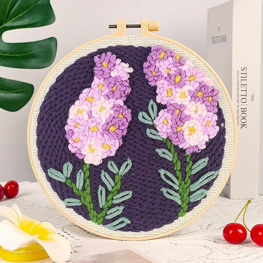 Woohome Punch Needle Kit Included Plastic Hoops, Punch Needle Cloth, Color Yarn and Punch Needle Tools for Adults, Beginners (White and Purple Flowers)