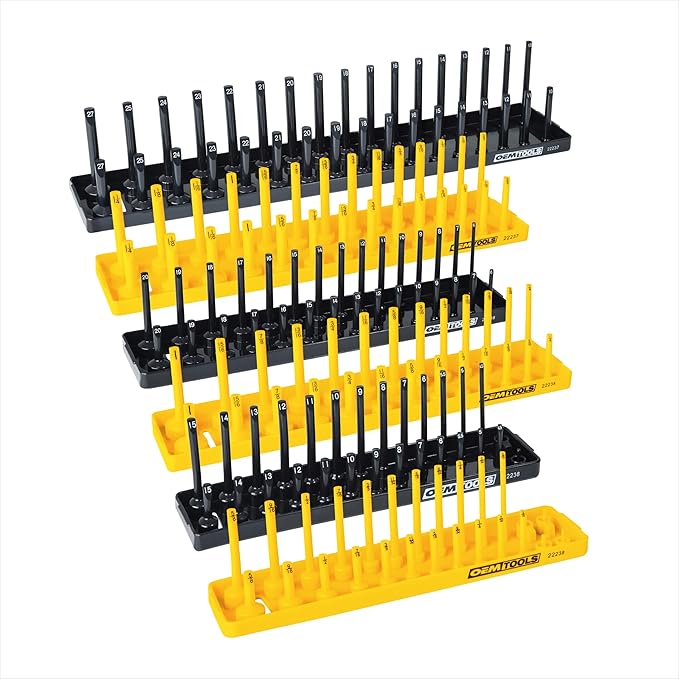 OEMTOOLS 22238 6 Piece SAE and Metric Socket Tray Set, SAE and Metric Socket Storage for Sizes 1/4", 3/8?? and 1/2" Drive, Socket Holders and Socket Organizer Tray for Toolbox, Black and Yellow