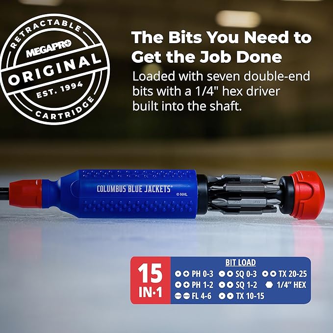 MEGAPRO짰 NHL짰 Team Edition Multi-bit Screwdriver | Officially Licensed NHL짰 Gear | Durable, Ergonomic, Pro-Grade Screwdriver (Columbus Blue Jackets짰)