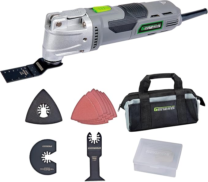 Genesis Oscillating Tool 3.5 Amp Oscillating Multi Tool with 3.7째 Oscillation Angle, 6 Variable-Speeds with 16-Piece Accessory Set, Storage Box, Carrying Bag, and 2 Year Warranty (GMT35T)