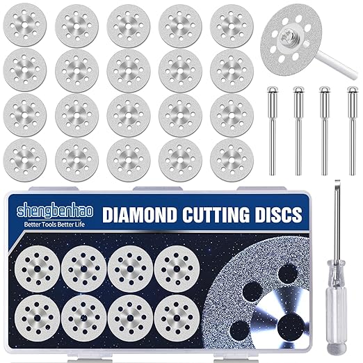 20mm 20Pcs Diamond Cutting Wheel 545 for Dremel Rotary Tool with 402 Mandrel (3mm) 4pcs and Screwdriver for Cutting Stone, Glass, Ceramic, Tile, Marble, Plastic (20mm)