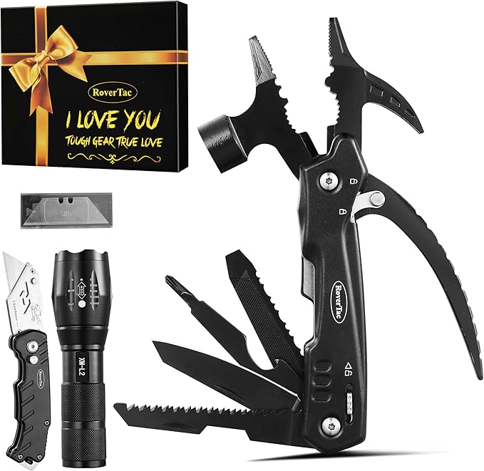 RoverTac Multitools Gift Set ??12-in-1 Multi Tool Hammer, LED Flashlight, Utility Knife in ?쏧 LOVE YOU??Gift Box ??Tool Gift for Husband, Boyfriend, Him, Men ??Camping Gear & Survival Tools