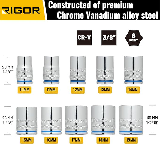 RIGOR 27027 Max-Grip Non-Slip Standard Socket Set, 10-Piece | Anti-Slip Chrome Vanadium Sockets | 3/8-Inch Drive, 6 Point, Metric | Include Durable Plastic Socket Rail.