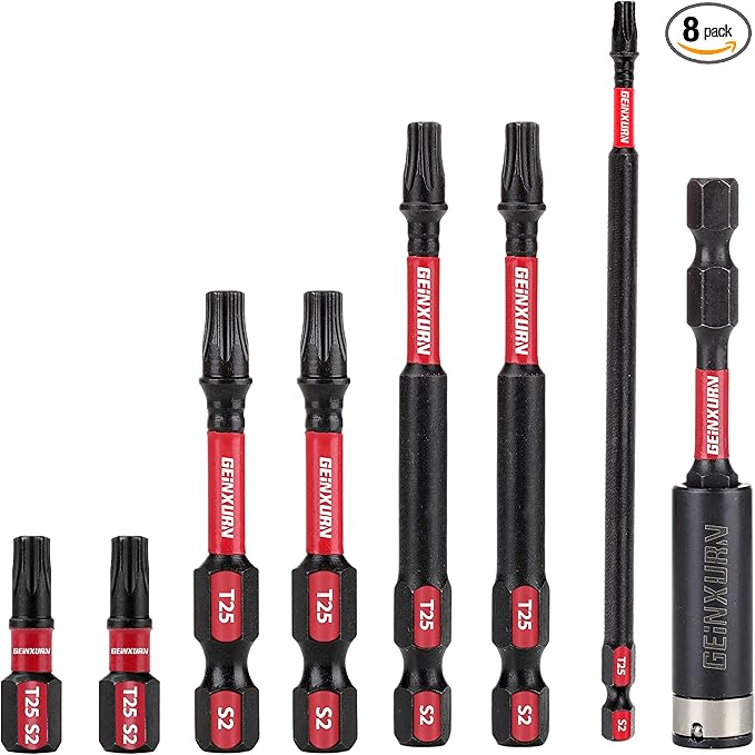 T25 mpact Tough Magnetic #25 Torx Head Power Bits, 7Pieces S2 Alloy Steel T25 Screwdriver Power Bits with 1Pcs Impact Magnetic Drive Guide